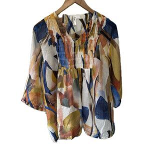 Ethyl Clothing Semi Sheer Abstract Watercolor Flowy Sleeves Smocked Blouse L